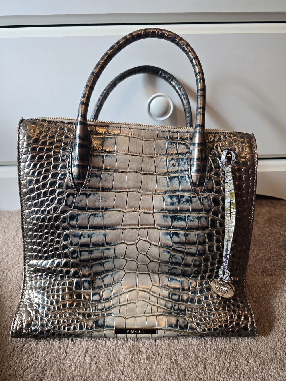 Brahmin Caroline Petrol Magnus Metallic Croc Satchel with Top Handles